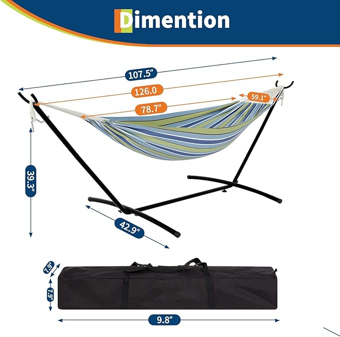 TrailBlaze Double Person Heavy Duty Hammock with Space-Saving Steel Stand, 450lb Capacity, Portable Carrying Case, Premium Balance Beams, Indoor/Outdoor Use - Blue and Green Stripes