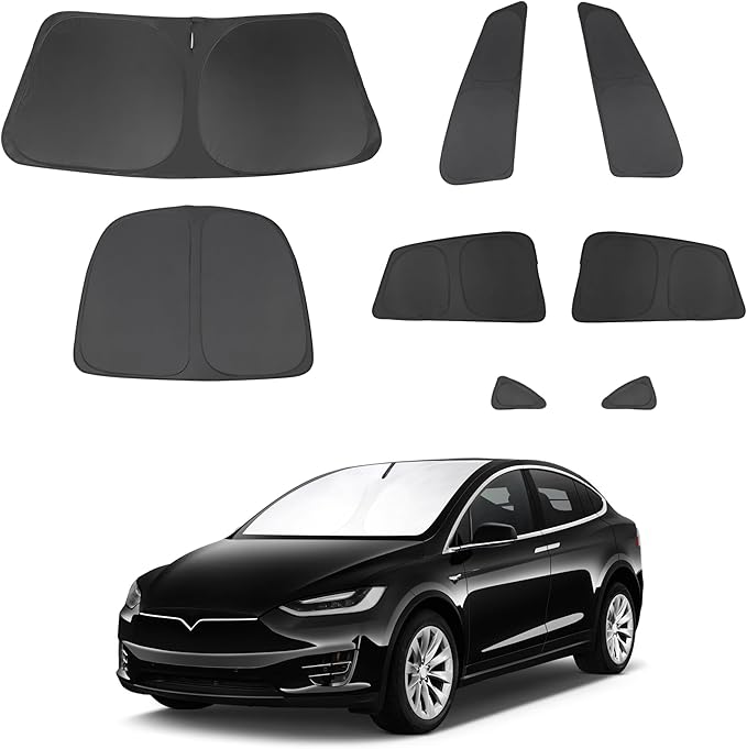 8PCS Windshield Sun Shade Custom Fit for 2016-2024 2025 Tesla Model X Accessories Foldable Sunshade Side Rear Window Shade Cover Full Set Privacy Protection Keeps Car Cool