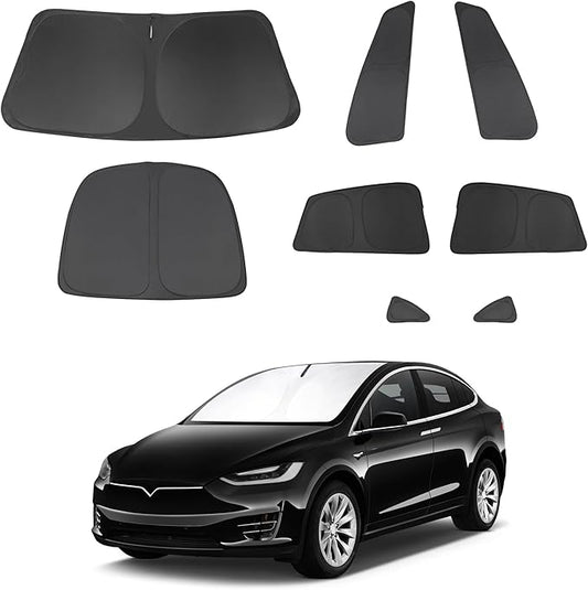 8PCS Windshield Sun Shade Custom Fit for 2016-2024 2025 Tesla Model X Accessories Foldable Sunshade Side Rear Window Shade Cover Full Set Privacy Protection Keeps Car Cool