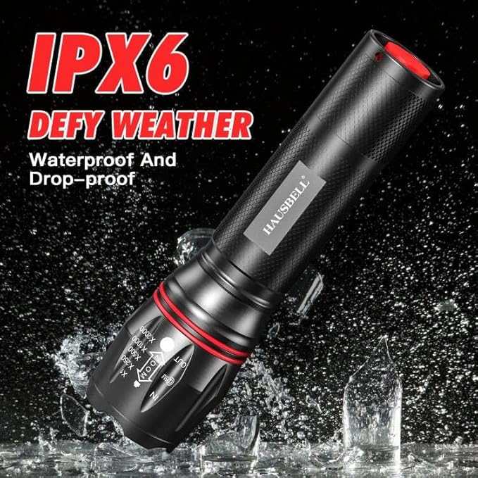 HAUSBELL T8 Upgraded Flashlight 4 Pack, 2000 Lumens High Lumens Tactical Flashlights, 5 Modes Zoomable Waterproof, with Batteries Included for Camping Emergency