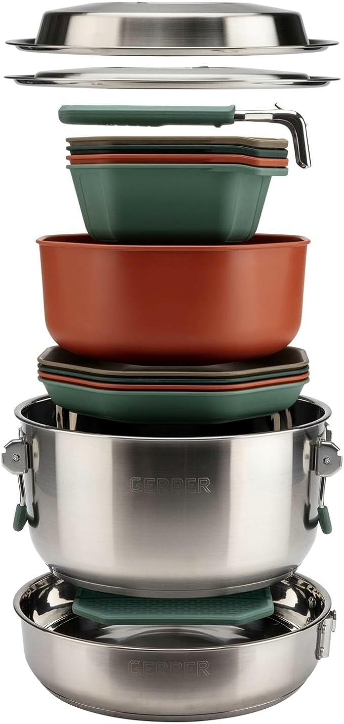 Gerber Gear ComplEAT Cook Set - Dishwasher-Safe Camping Cookware for Outdoor Cooking - Includes Saute Pan, Stock Pot, 4 Plates, 4 Bowls, Mixing Bowl & More