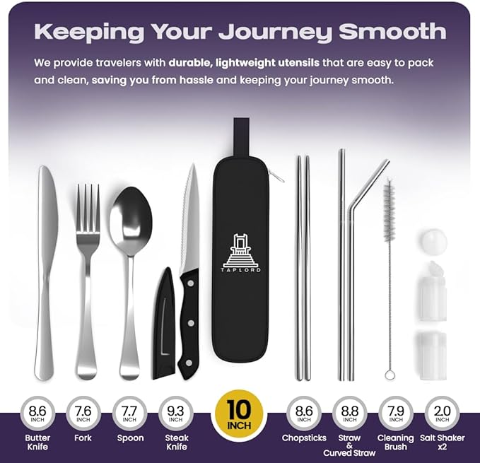 Taplord Portable Travel Silverware Set With Case, Includes 10 Pcs of Travel Utensils With Case, Stainless Steel Flatware Set For Camping, Lightweight (Silver)