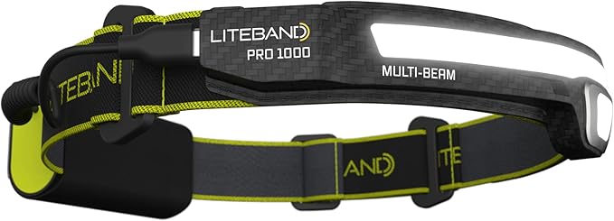 OPTIMAL VENTURES LITEBAND PRO Multi-Beam Rechargeable LED Headlamp, 1000 Lumens, 210° Wide Beam + Focused Spot, Hard Hat Compatible, Professional No-Bounce Fit, IPX5 Weather Resistant, Carbon