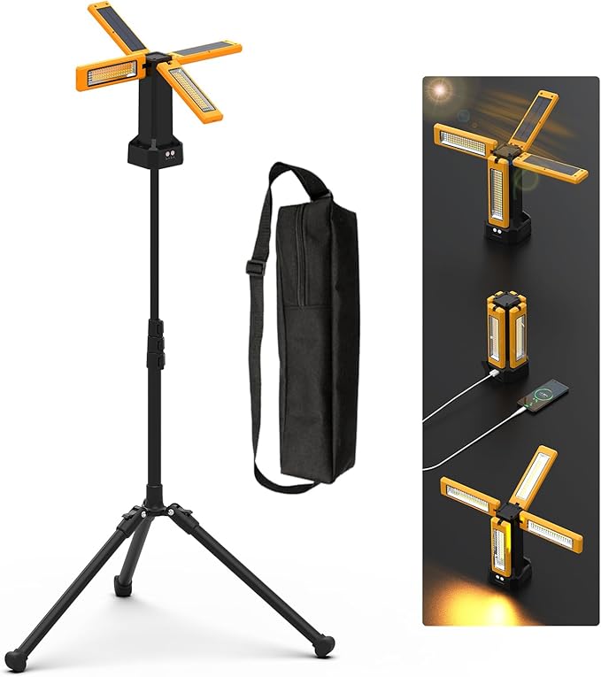 iodoo 13200mAh Rechargeable Solar Work Light,IPX4 Waterproof with Folding Stand Support and Portable Carrying Bag, 8000 Lumen Stepless Dimmable, 4 Lighting Modes, White/Warm/Warm White (Standard)
