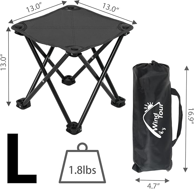 Wind Tour Portable Folding Camping Stool Outdoor Camping Lightweight Samll Chair for Fishing Hiking Gardening and Beach with Carry Bag (13.0”X13.0” Large Black -1)