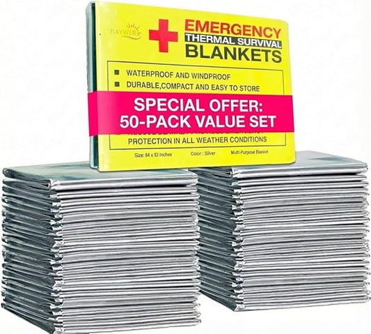 Rawyer (50 Pack) Emergency Thermal Survival Blankets, Mylar Blankets for Outdoor, Camping, Hiking, Survival in Harsh Weather, Large Silver Thermal Sheets, Heavy Duty Survival Gear (50, 84x52)