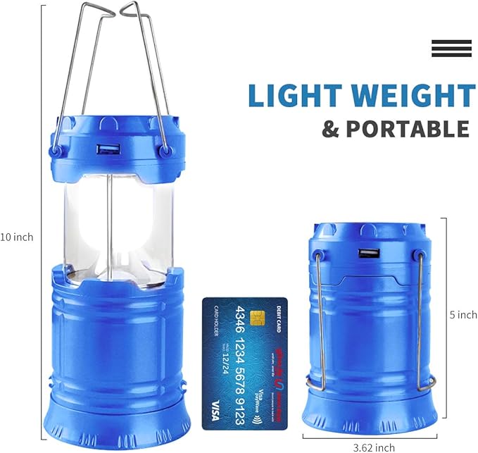 Censinda LED Camping Lantern, Solar and Rechargeable Lantern Flashlight Collapsible and Portable Light for Daily/Camp/Hiking/Night Fishing/Emergency/Hurricanes/Storm(Blue, 1 Pack)