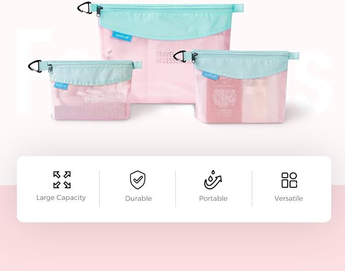 pack all Water-resistant Material Zipper Pouch, Mesh Zipper Bag for Storage, Travel, Office (Small, Pink)