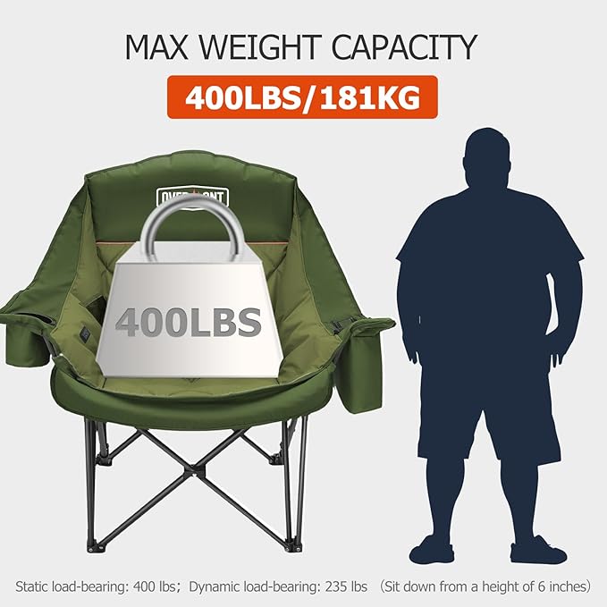 Overmont Oversized Camping Chair for Adults - 400lbs Support Heavy Duty Padded Folding Chair with Cooling Bag Cup Holder Side Pocket Carry Bag - Comfortable Portable for Outdoor Garden Sports Beach