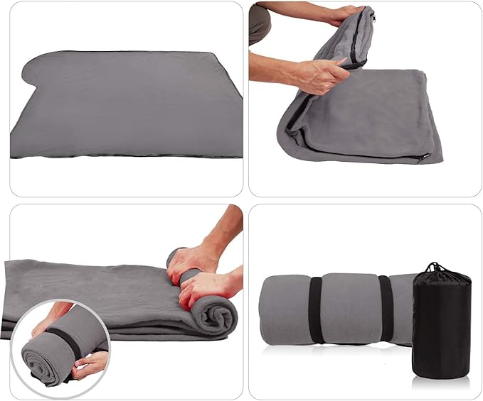 REDCAMP Fleece Sleeping Bag Liner with Hood for Adult Warm or Cold Weather, Long Full Sized Zipper Camping Blanket with Sack for Outdoor Indoor Used, Grey 87"
