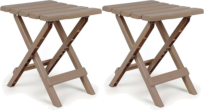 Camco Adirondack Portable Outdoor Camping Small Weatherproof Rustproof Durable Plastic Folding Side Table for Indoor and Outdoor Use, 2 Pack, Taupe