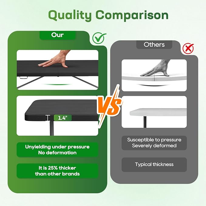 FDW 6 Foot Folding Table, Portable Plastic Table with Carrying Handle Perfect for Indoor, Outdoor, Party, Dining, Wedding, Events, Camping, Black Wood Grain