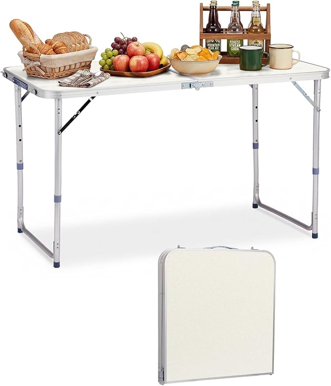 Outvita 4ft Portable Folding Camping Table, Outdoor Waterproof Adjustable Height Table, Aluminum Lightweight Suitcase Foldable Table for Picnic BBQ Beach Dining
