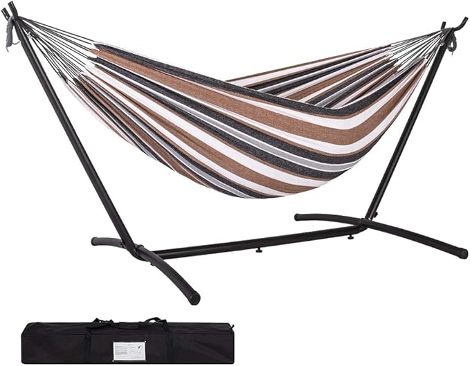 Prime Garden Hammock with Stand for Outside, Heavy Duty Space Saving Steel Stand with 450 lb Capacity, Double Hammock with Portable Carrying Bag, Hamacas Para Adultos for Outdoors, Patio, Garden, Yard