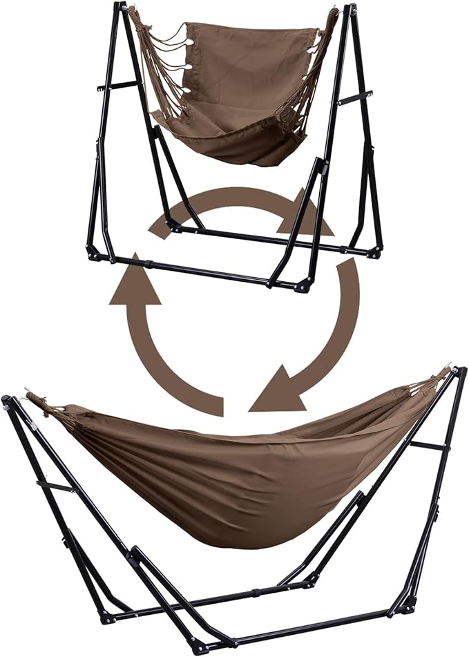 2 in 1 Hammock with Stand, Outdoor Hammock Swing Chair with Portable Heavy Duty Stand, Multi-Functional Hammock Stand 480 lbs Weight Capacit-Coffee