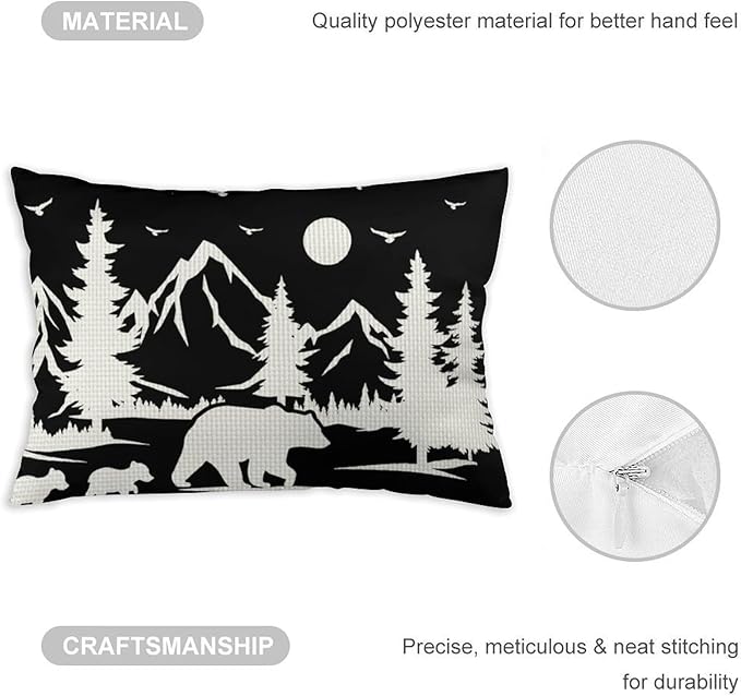 ITFRO Set of 2 Nice Gift Bear Throw Pillow Cover Pine Tree Forest Mountains Cotton Linen Lumbar Animal Cushion Case Farmhouse Home Decor for Bed Sofa Couch 12x20 Inches (Bear Set)