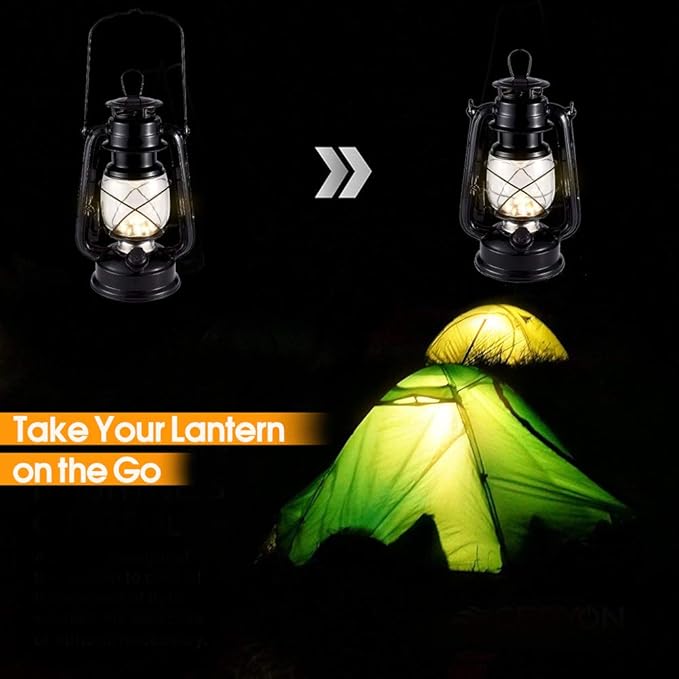 Vintage LED Hurricane Lantern, Warm White Battery Operated, Antique Metal Hanging With Dimmer Switch, 15 LEDs, 150 Lumen for Indoor or Outdoor Usage (Black)
