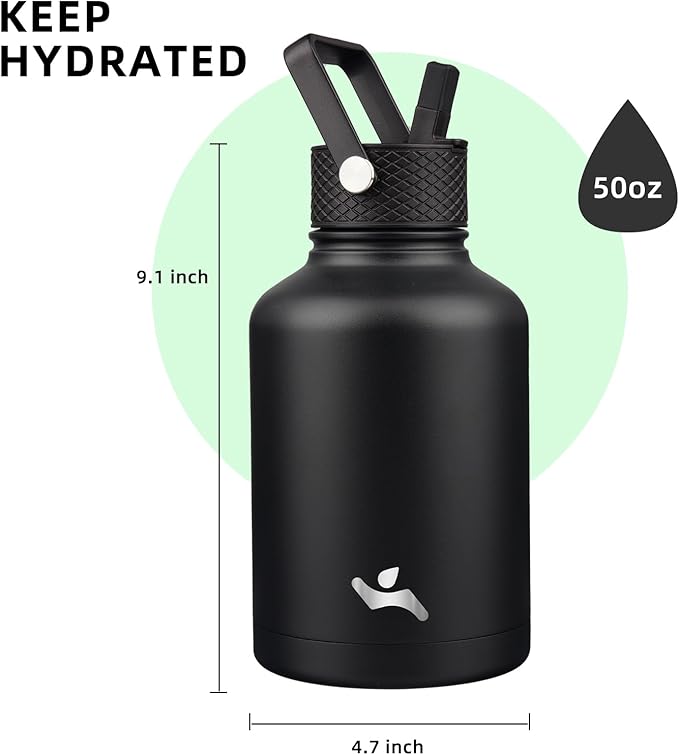 Konokyo Insulated Water Bottle with Straw,50 oz 3 Lids Water Jug with Carrying Bag,Paracord Handle,Double Wall Vacuum Stainless Steel Metal Flask,Black