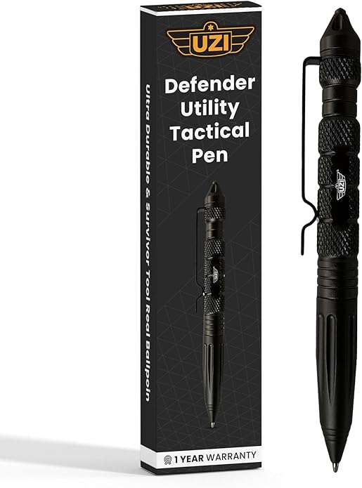 UZI Tactical (UZI-TACPEN2-BK) Aircraft Aluminum Multitool Pen | Self Survival Gear, Window Breaker, Real Ballpoint, Military and Police EDC Pen | Great Gift for Men | Unique Pens | Black