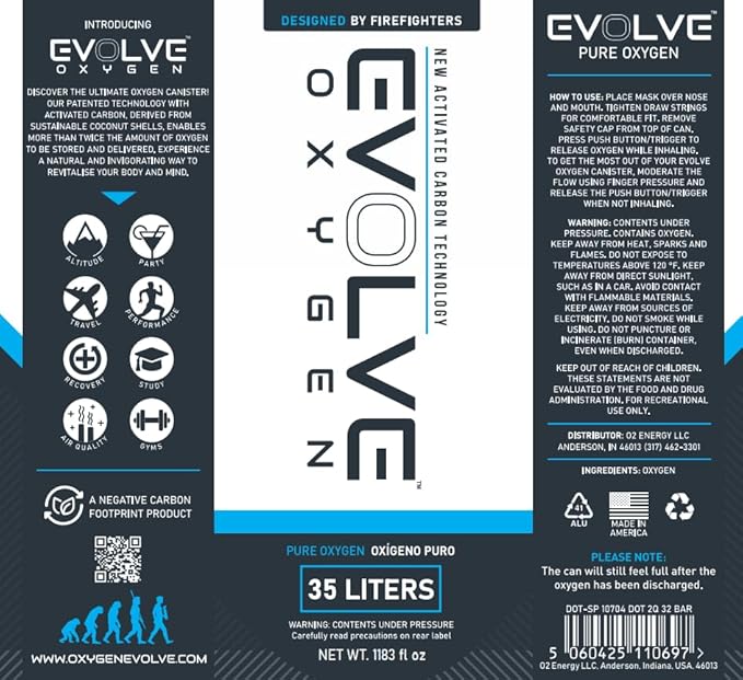 EVOLVE 35-Liter Pure Oxygen Canister with Mask and Tube | Portable Oxygen Can | Ideal for Home Use and Outdoor Activities | Designed by Firefighters | Made in The USA | Pack of 2