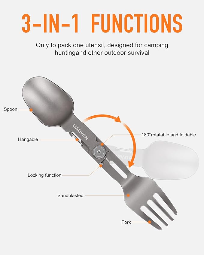 Titanium Spork 3 in 1 Folding Camping Fork and Spoon, Ultra Lightweight Camping Utensil with Locking Function, Travel Fork Spoon Combo Eco-Friendly for Outdoor/Backpacking
