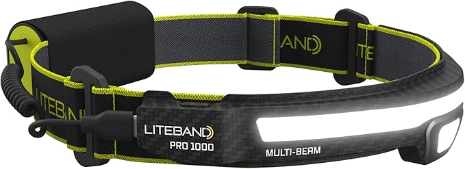 OPTIMAL VENTURES LITEBAND PRO Multi-Beam Rechargeable LED Headlamp, 1000 Lumens, 210° Wide Beam + Focused Spot, Hard Hat Compatible, Professional No-Bounce Fit, IPX5 Weather Resistant, Carbon