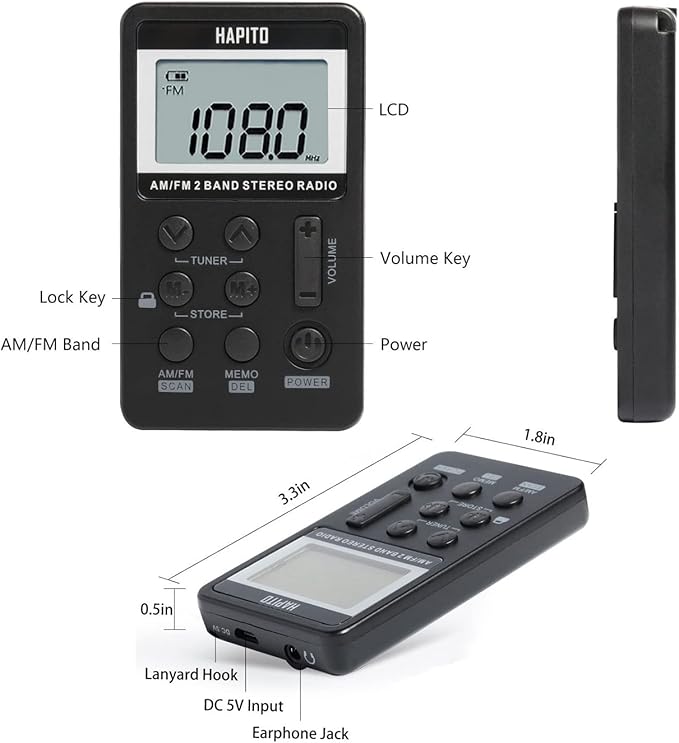 Pocket AM FM Radio Portable Digital Tuning Radio with Best Reception - Hapito Personal Small Transistor radios with Sterio Earphone, Rechargeable Battery and Lock Screen for Walk/Gym (Black)