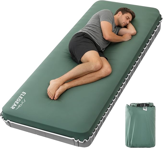 Elegear Air & Foam Self-Inflating Sleeping Pad, CumbreX™ 4" Ultra-Thick Memory Foam Camping Mattress Pad with Air Pump, Compact R-Value 9.5 4-Season Camp Mat for Travel Outdoor - Single Army Green