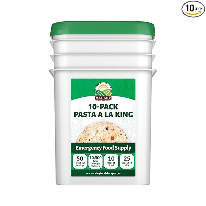 Valley Food Storage Pasta A La King | 10-Bag Bucket, 50 Servings | Non-GMO Premium Emergency Food Supply, 25 Year Shelf Life | Survival Meal Kits, Prepper Food & Off-Grid Living Supplies, Packaged in USA