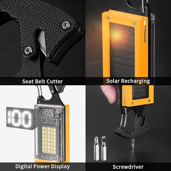 BY-J LED Multitool Small Flashlight, Keychain Light, Solar Rechargeable COB Multi-Function Mini Work Light, 1000 Lumens Rechargeable, 8 Lighting Modes Yellow