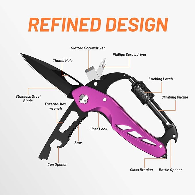 Carabiner Multitool 9-in-1 EDC Pocket Knife, Hexwrench, Saw, Screwdriver, Bottle Opener, Breaker, Survival Gear for Camping Climbing, Gifts for Men Women, Stocking Stuffers (Pink)
