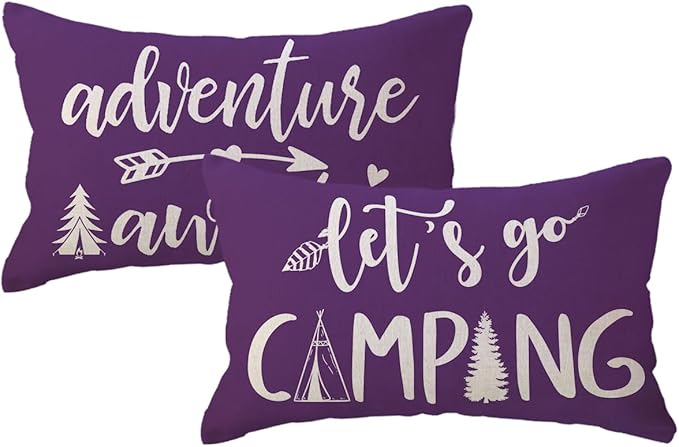 Adventure Camper Decorative Lumbar Pillowcase Double-sided Let’s Go Camping/Adventure Awaits Throw Pillow Covers Cabin/Camper Cushion Covers 12x20,2Pack for Sofa/Couch/Porch (Purple)