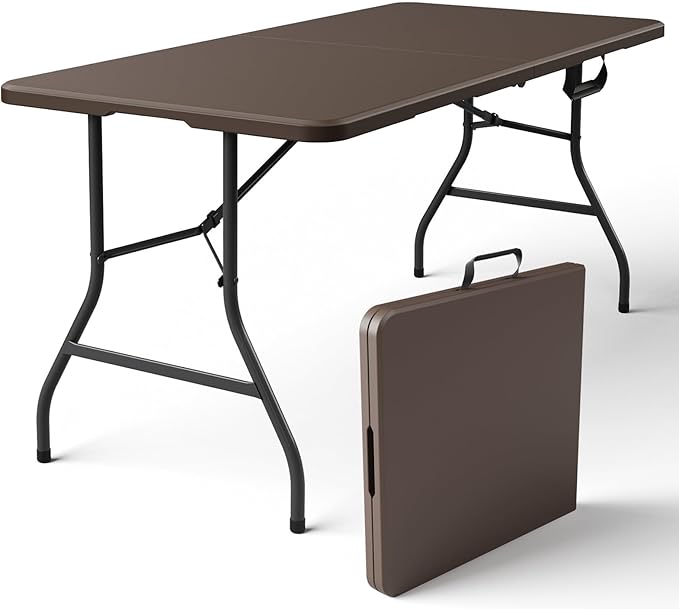Folding Table 5ft - Heavy Duty Fold-in-Half Plastic Table with Adjustable Height, Portable Utility Tables with Steel Legs for Indoor, Outdoor, Picnic, Camping, Dining, Party (Brown)