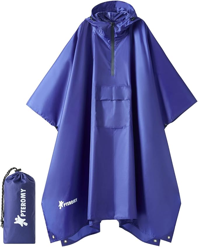 PTEROMY 3-in-1 Hooded Rain Poncho for Adult with Pocket, Waterproof Lightweight Unisex Raincoat for Hiking Camping Emergency