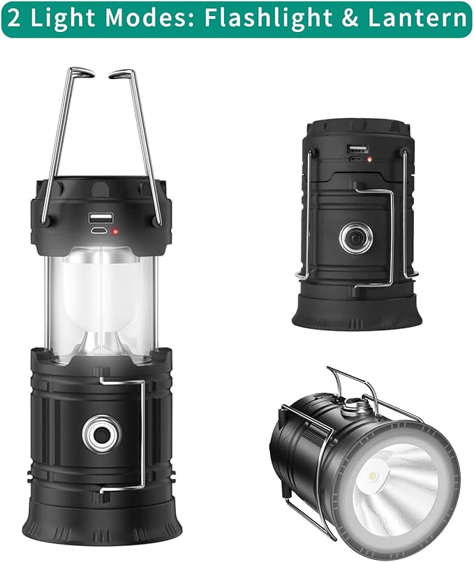 Censinda LED Camping Lantern, Solar and Rechargeable Lantern Flashlight Collapsible and Portable Light for Daily/Camp/Hiking/Night Fishing/Emergency/Hurricanes/Storm(Black, 1 Pack)