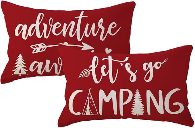 ULOVE LOVE YOURSELF Adventure Camper Decorative Lumbar Pillowcase Double-Sided Let’s Go Camping/Adventure Awaits Throw Pillow Covers Cabin/Camper Cushion Covers 12x20,2Pack for Sofa/Couch/Porch (Red)