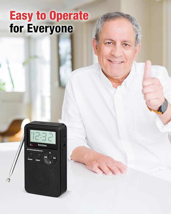 AM/FM Radio, Battery Operated Portable Radio with Clock, Preset, Sleep Timer and Battery Backup for Yard Work, Walking, Camping, Jogging, Fishing, Handheld Size, 3 AA Battery Powered (Black)