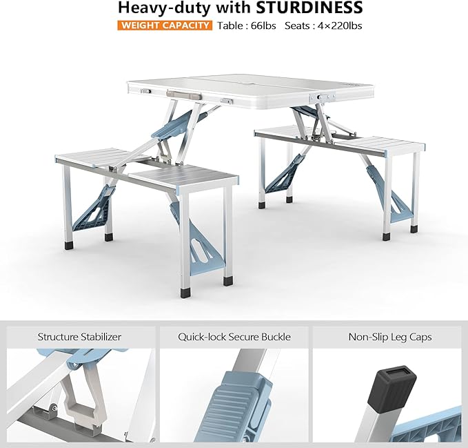 VINGLI 4Ft Folding Camping Picnic Table with Seats/Umbrella Hole-265 Lbs Support That Lightweight and Fold Up Card Suitcase Table Aluminum Alloy Frame, RV Tabletop with Soft Handl