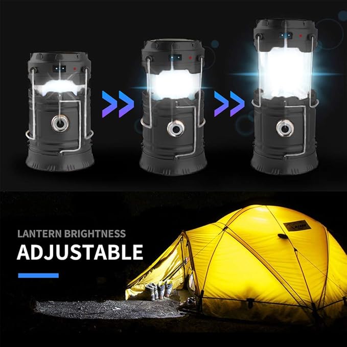 Censinda LED Camping Lantern, Solar and Rechargeable Lantern Flashlight Collapsible and Portable Light for Daily/Camp/Hiking/Night Fishing/Emergency/Hurricanes/Storm(Black, 1 Pack)