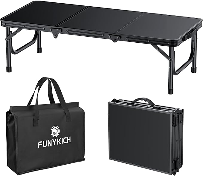 FUNYKICH 3ft Low Folding Camping Table with Carry Bag, 34.2'' Lx15.7'' W Portable Picnic Tables, Lightweight Thicker Aluminum Beach Table with Carry Handle for Beach, Camping, Picnic, Black