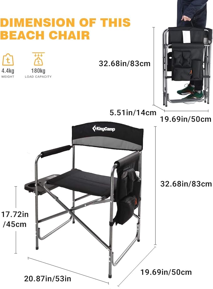KingCamp Folding Camping Chair, Heavy Duty Portable Directors Style with Side Table Carry Handle Storage Pockets for Outdoor Tailgating Sports Backpacking Fishing, Black