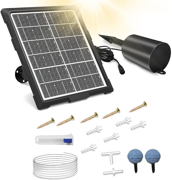 Solar Powered Pond Oxygen Pump with Quiet Motor and Energy Storage Provides Adjustable Oxygen Supply to Promote Healthy Water Life and Fish Survival