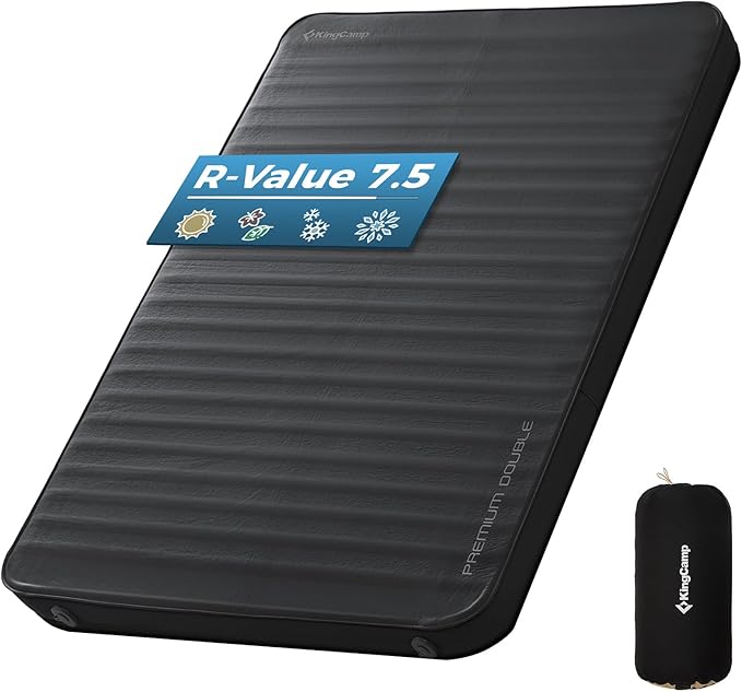 KingCamp Premium Double Self Inflating Sleeping Pad, 7.5 R-Value Air & Foam Camping Mattress 2 Person, 3" Thick Double Size Insulated Sleeping Pad with Pump Sack for Car Camp Tent, PVC Free, Black