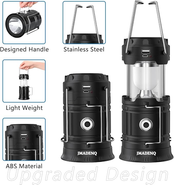 2026 Upadte Solar Lantern Flashlights Charging for Phone, USB Rechargeable Led Camping Lantern, Collapsible & Portable for Emergency, Hurricanes, Power Outage, Storm (2 Pack)