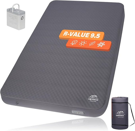 Self Inflating Sleeping Pad,Double Camping Mattress w/Detachable Electric Pump,4 - Inch Thick Memory Foam for Ultimate Comfort, Suitable for Family,Outdoor,Road Trip,4 - Season Use,Gray