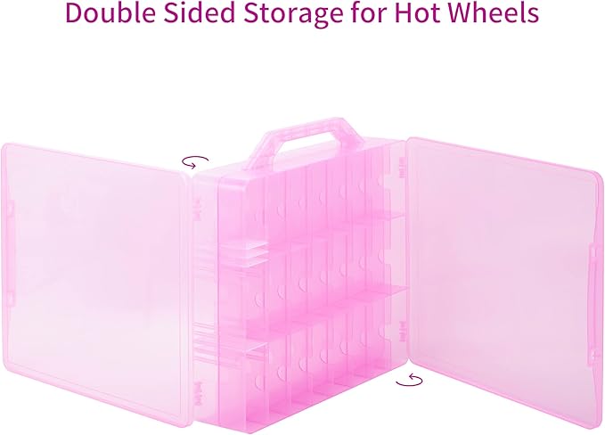 KISLANE Double Sided Toy Car Storage Case for 48 Cars, Pink, Rectangular, Plastic, Wall Mount, 13.4 x 11.8 inches
