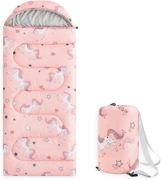 Wake In Cloud - Kids Sleeping Bag for Girls Toddlers, Camping in Warm Cold Weather, Backpacking Lightweight Compact Outdoor Liner for 3 Seasons, Unicorns Stars Hearts