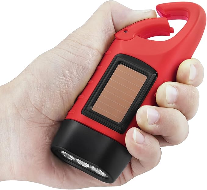 Simpeak 2-Pack Hand Crank Solar Powered LED Flashlight, Emergency Survival Flashlight with Dynamo Carbiner for Outdoor Sports, Red