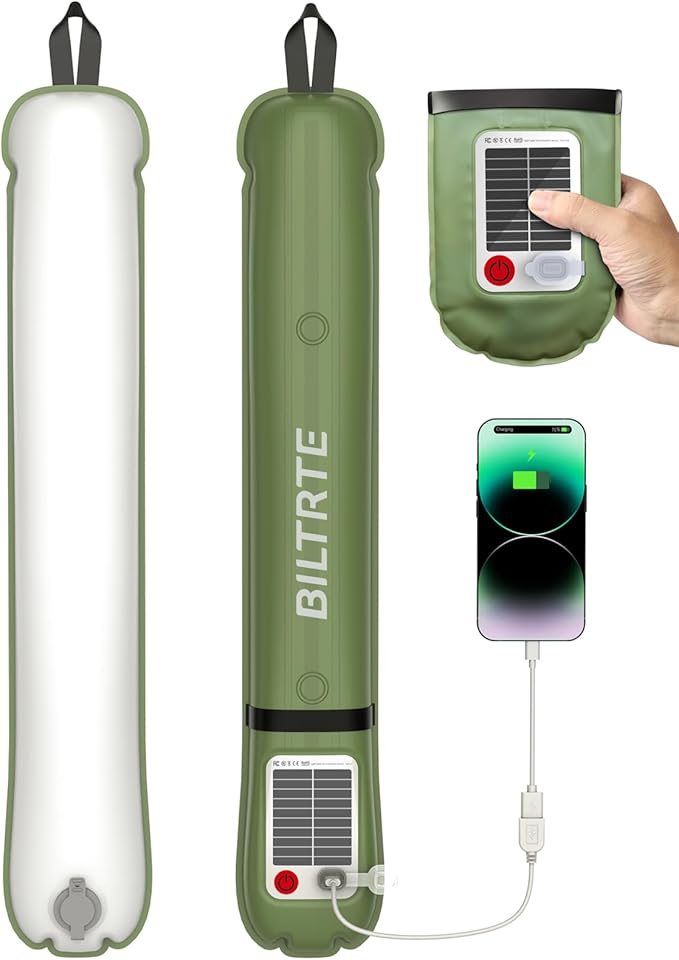24" Inflatable Solar Camping Lantern, Magnetic LED Tube Light with USB-C 2000mAh Power Bank, IP66 Waterproof TPU Tent Light for Hurricane Emergency, Backpacking & Off-Grid Survival (Green)