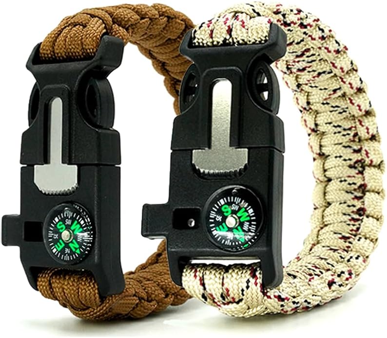 Survival Bracelet,Practical Five Functions, Fire Starter, Loud Whistle, Reliable Compass, Rope Cutter, Reliable Paracord (khaki&brown)